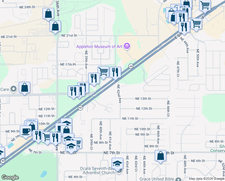 map of restaurants, bars, coffee shops, grocery stores, and more near 1496-1598 Northeast 42nd Avenue in Ocala