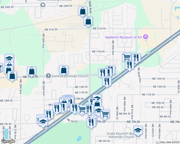 map of restaurants, bars, coffee shops, grocery stores, and more near 1400 Northeast 36th Avenue Road in Ocala