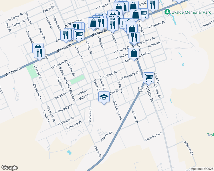 map of restaurants, bars, coffee shops, grocery stores, and more near 509 Old Carrizo Road in Uvalde