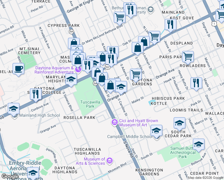 map of restaurants, bars, coffee shops, grocery stores, and more near 232 South Caroline Street in Daytona Beach