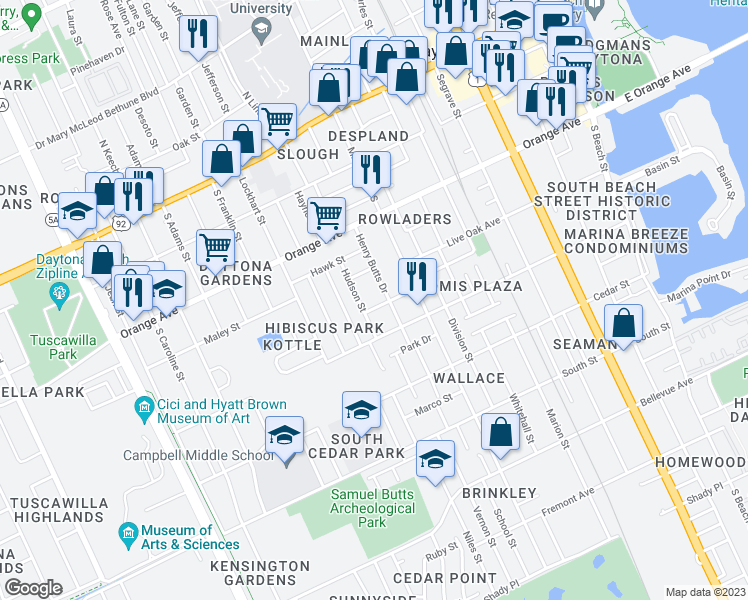map of restaurants, bars, coffee shops, grocery stores, and more near 712 Verdell Street in Daytona Beach