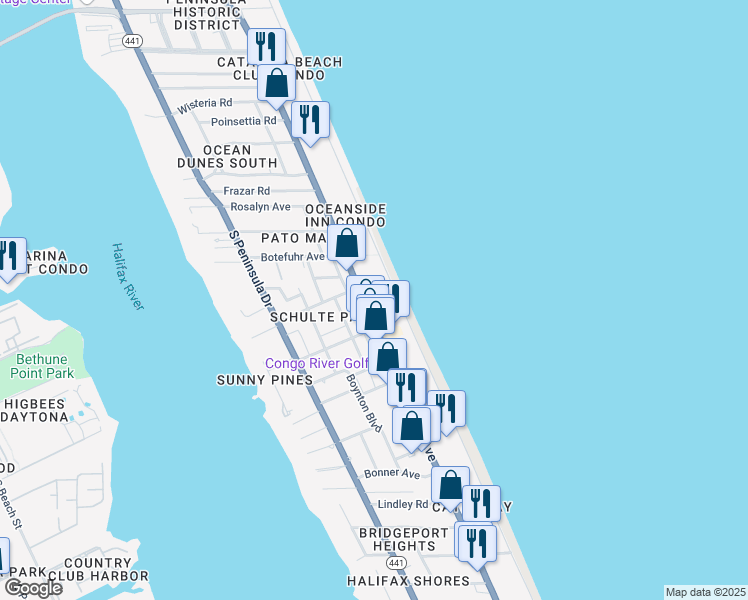 map of restaurants, bars, coffee shops, grocery stores, and more near 2025 South Atlantic Avenue in Daytona Beach