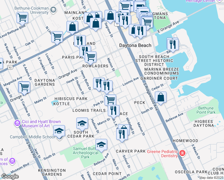map of restaurants, bars, coffee shops, grocery stores, and more near 530 Loomis Avenue in Daytona Beach