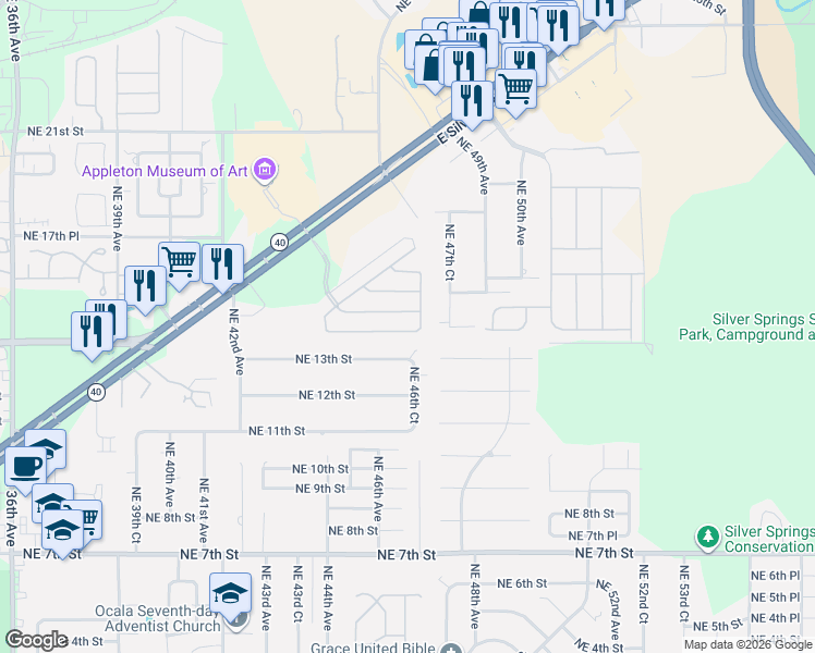map of restaurants, bars, coffee shops, grocery stores, and more near 4646 Northeast 15th Street in Ocala