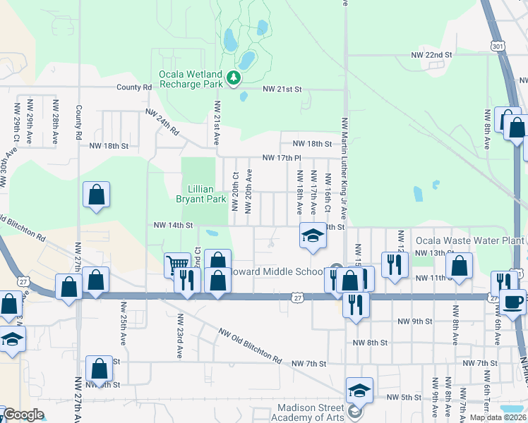map of restaurants, bars, coffee shops, grocery stores, and more near 1501 Northwest 20th Avenue in Ocala