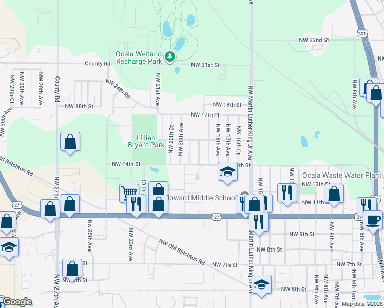 map of restaurants, bars, coffee shops, grocery stores, and more near 1501 Northwest 20th Avenue in Ocala
