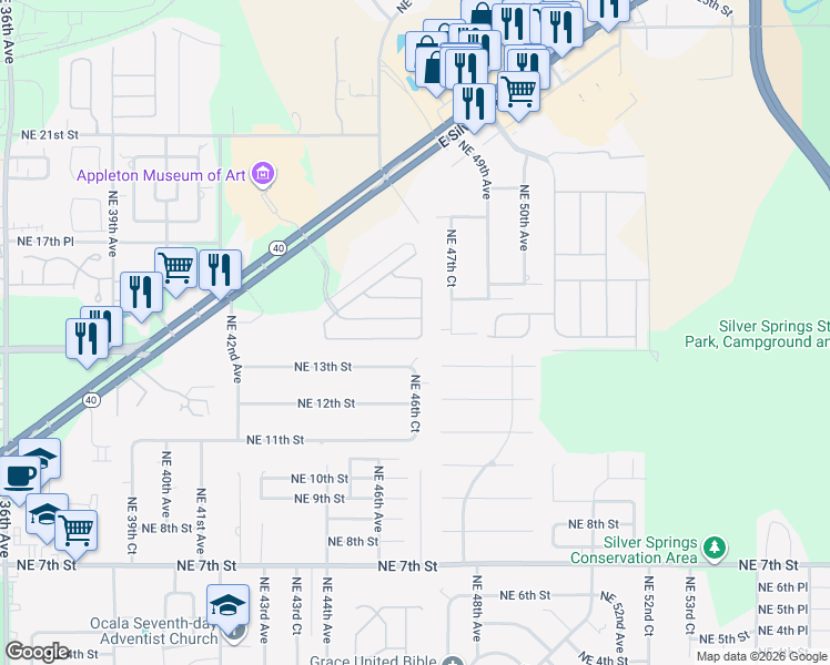 map of restaurants, bars, coffee shops, grocery stores, and more near 4649 Northeast 14th Place in Ocala