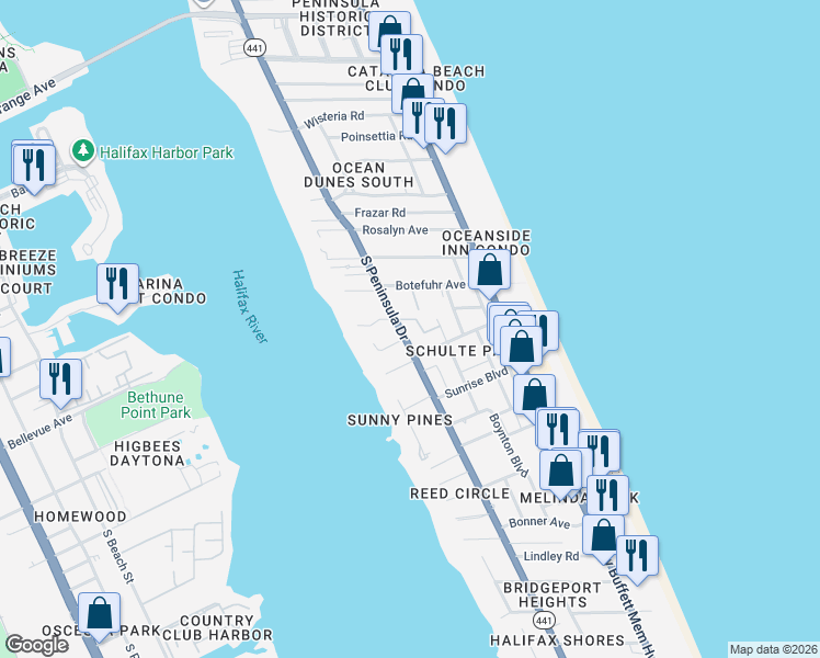 map of restaurants, bars, coffee shops, grocery stores, and more near 2013 South Peninsula Drive in Daytona Beach