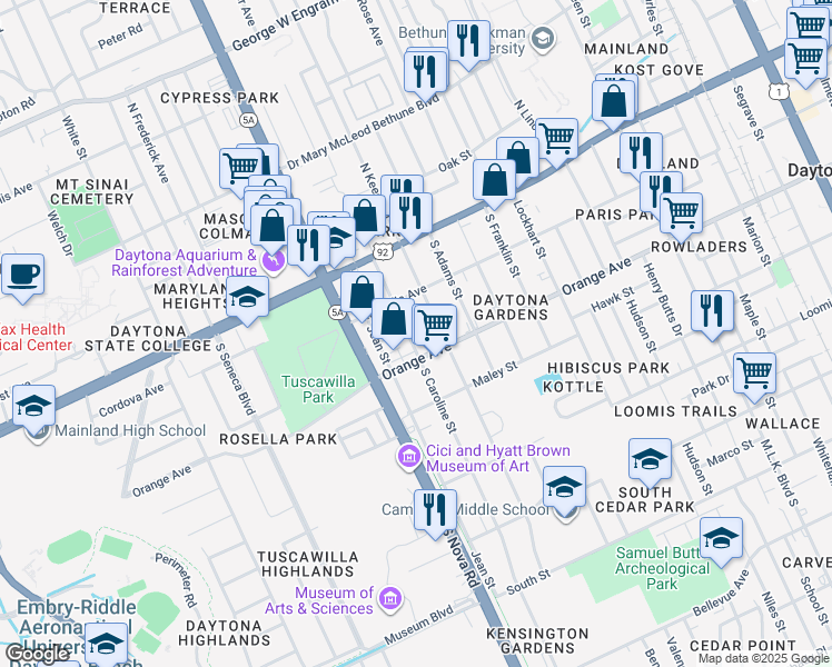 map of restaurants, bars, coffee shops, grocery stores, and more near 216 South Keech Street in Daytona Beach