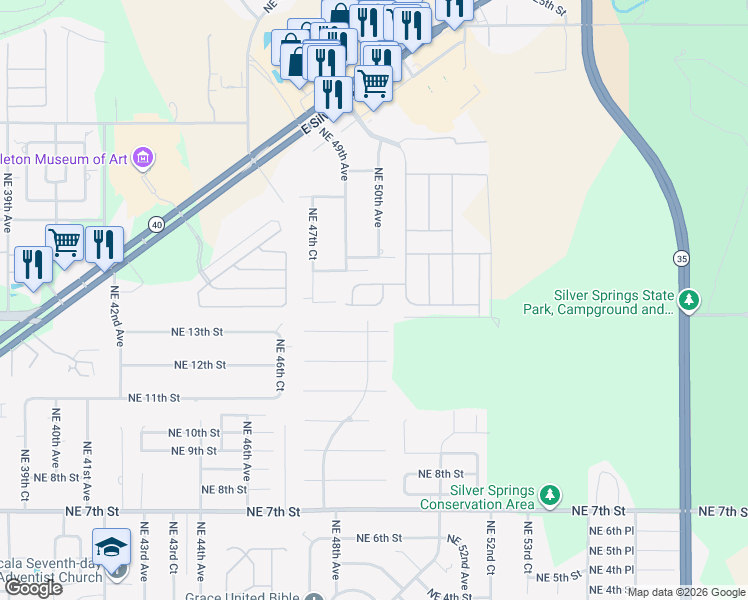 map of restaurants, bars, coffee shops, grocery stores, and more near 1521 Northeast 50th Avenue in Ocala
