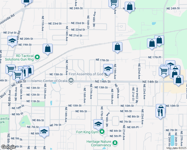 map of restaurants, bars, coffee shops, grocery stores, and more near 1520 Northeast 17th Avenue in Ocala