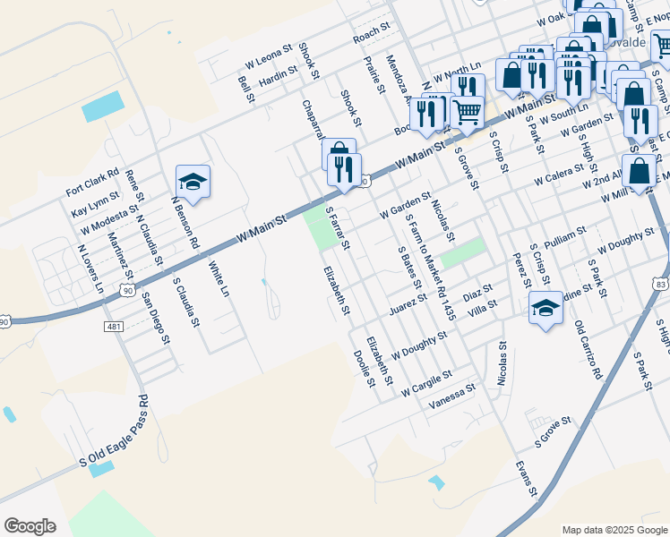 map of restaurants, bars, coffee shops, grocery stores, and more near 210 Elizabeth Street in Uvalde
