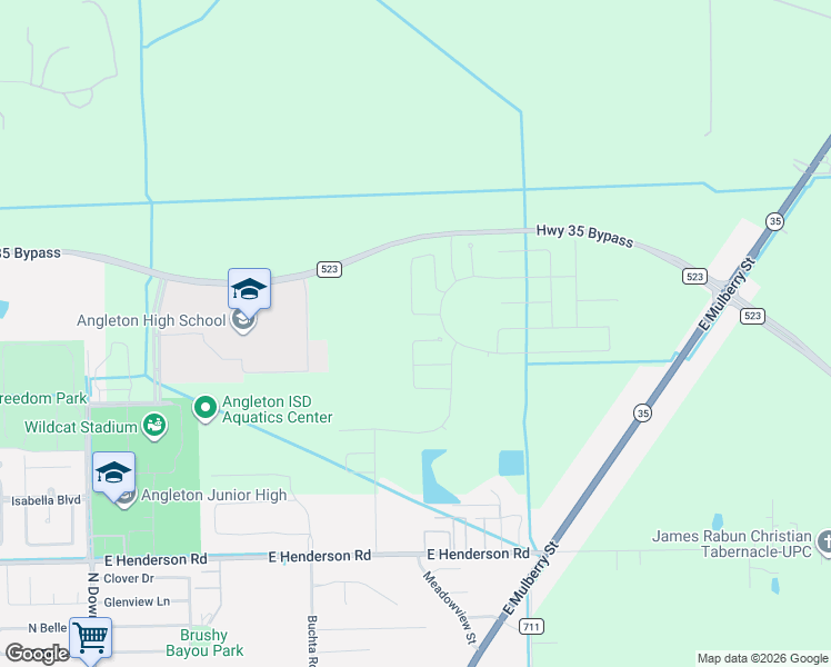map of restaurants, bars, coffee shops, grocery stores, and more near 1011 Farm to Market Road 523 in Angleton