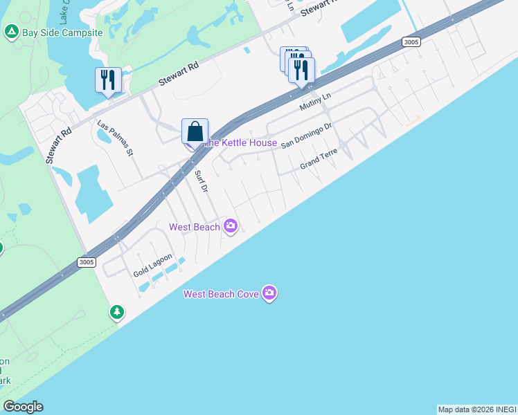 map of restaurants, bars, coffee shops, grocery stores, and more near 4223 Spoonbill Lane in Galveston