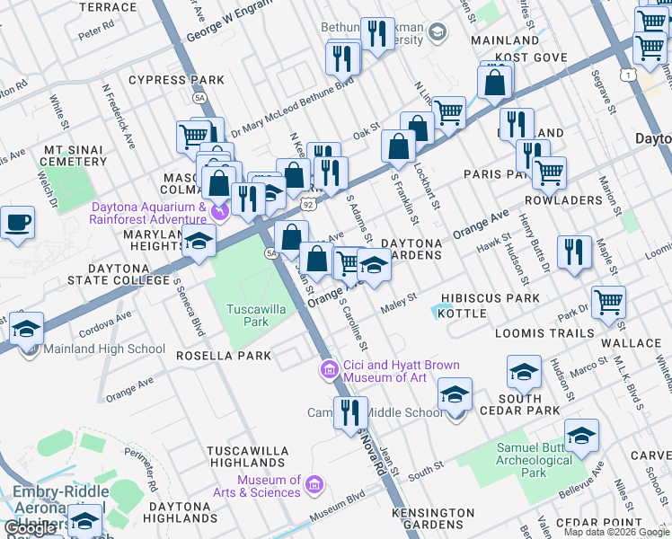 map of restaurants, bars, coffee shops, grocery stores, and more near 216 South Keech Street in Daytona Beach
