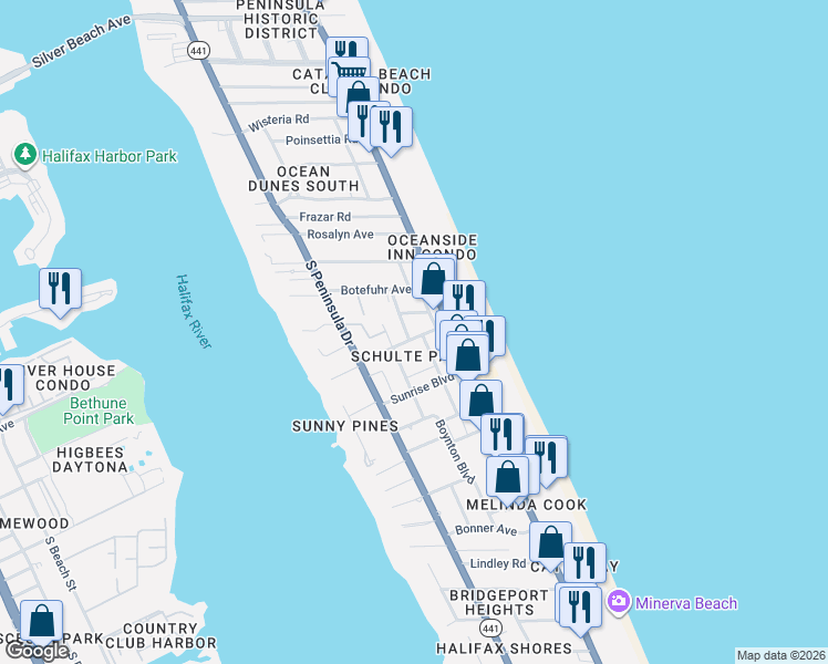 map of restaurants, bars, coffee shops, grocery stores, and more near 135 Park Avenue in Daytona Beach