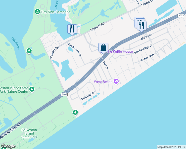 map of restaurants, bars, coffee shops, grocery stores, and more near 4025 Oleander Drive in Galveston