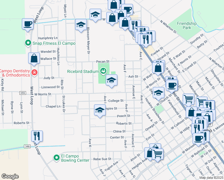 map of restaurants, bars, coffee shops, grocery stores, and more near 600 West Norris Street in El Campo