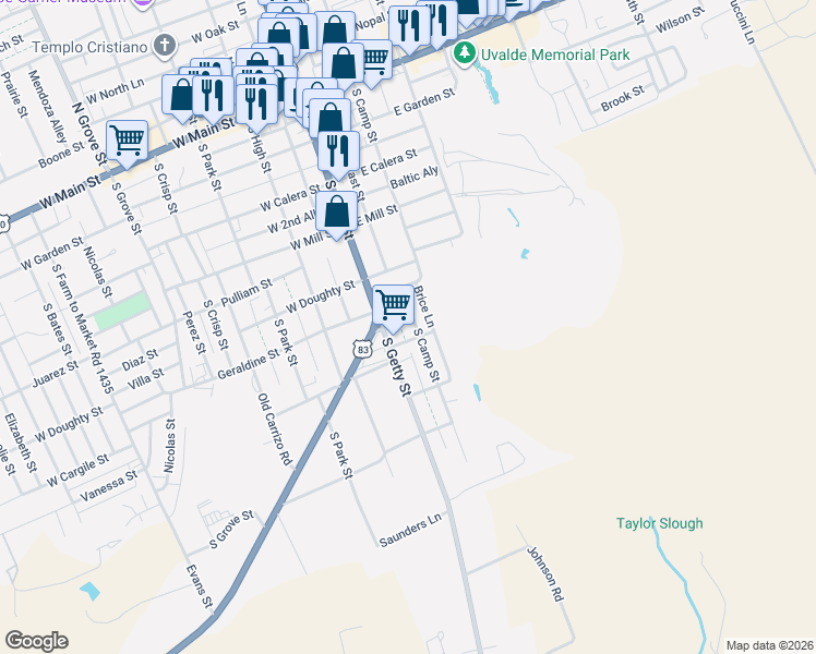 map of restaurants, bars, coffee shops, grocery stores, and more near 548 South Camp Street in Uvalde