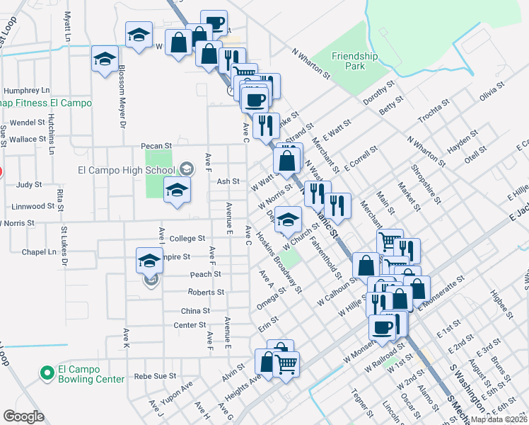 map of restaurants, bars, coffee shops, grocery stores, and more near 807 Depot Street in El Campo
