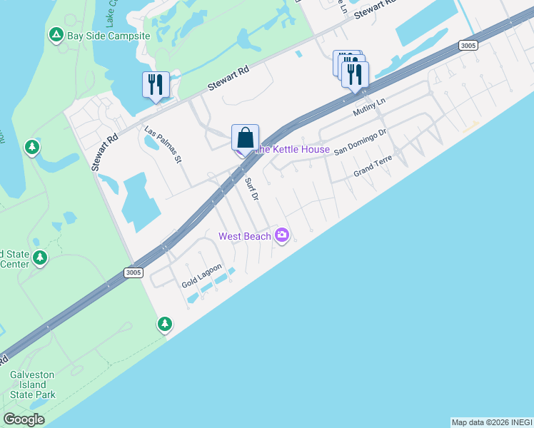 map of restaurants, bars, coffee shops, grocery stores, and more near 4117 Surf Drive in Galveston