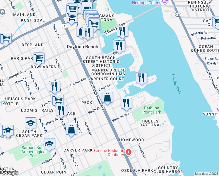 map of restaurants, bars, coffee shops, grocery stores, and more near in Daytona Beach