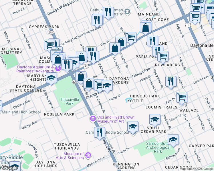 map of restaurants, bars, coffee shops, grocery stores, and more near 900 Orange Avenue in Daytona Beach