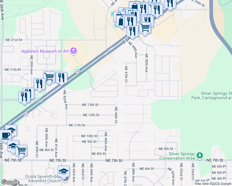map of restaurants, bars, coffee shops, grocery stores, and more near 4646 Northeast 15th Street in Ocala