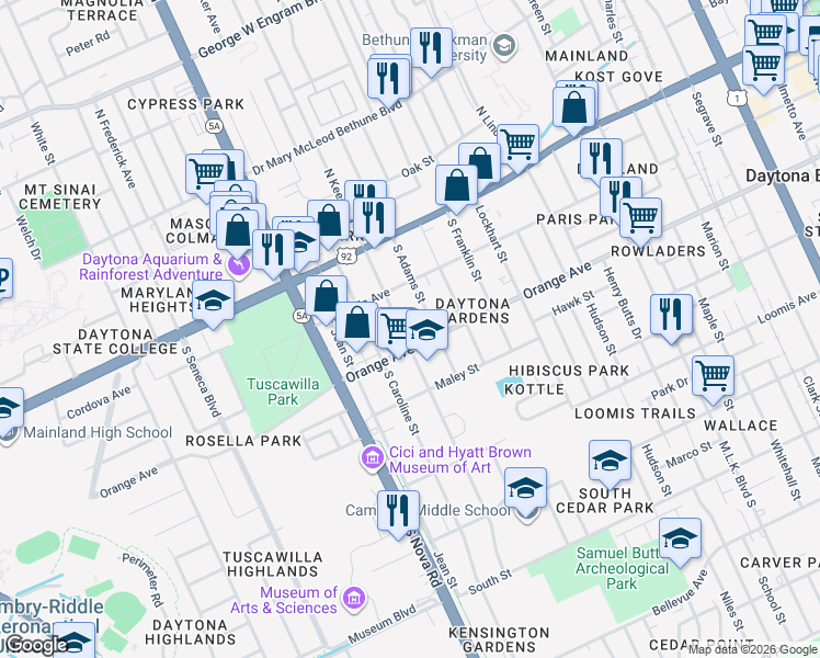 map of restaurants, bars, coffee shops, grocery stores, and more near 900 Orange Avenue in Daytona Beach