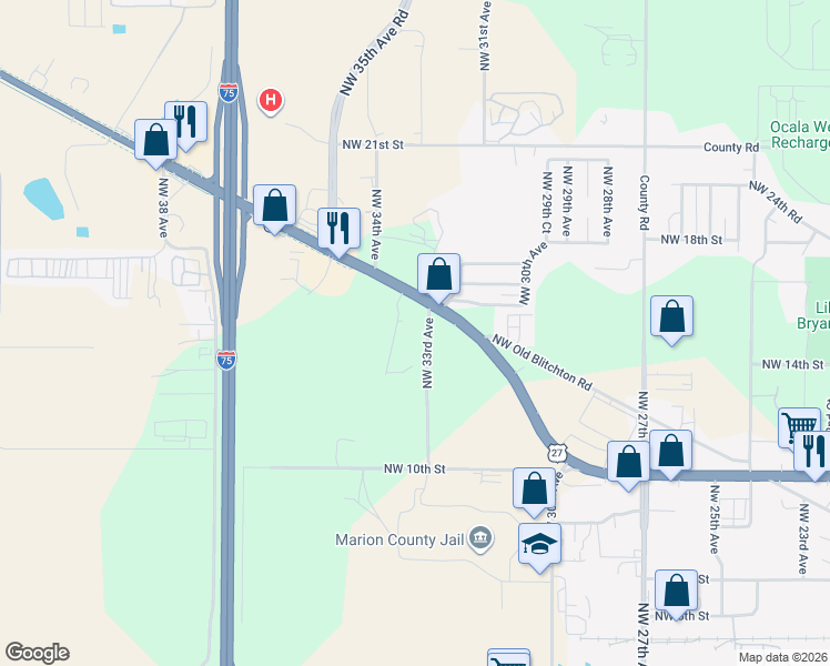 map of restaurants, bars, coffee shops, grocery stores, and more near 1501 Northwest 33rd Avenue in Ocala