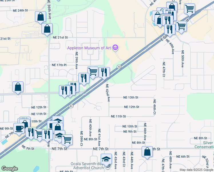 map of restaurants, bars, coffee shops, grocery stores, and more near 1496 Northeast 42nd Avenue in Ocala