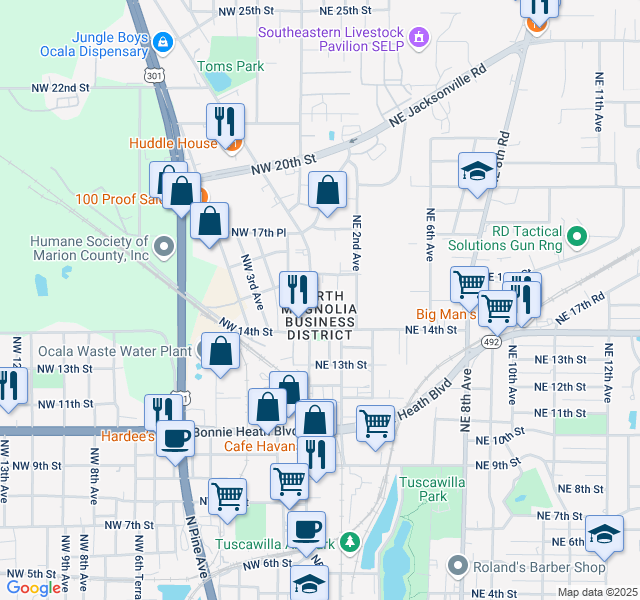 map of restaurants, bars, coffee shops, grocery stores, and more near 1469 North Magnolia Avenue in Ocala