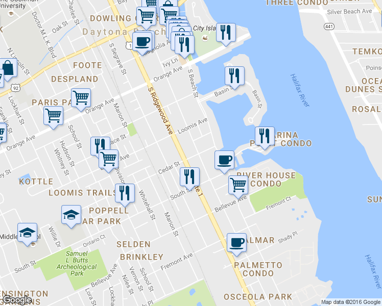 map of restaurants, bars, coffee shops, grocery stores, and more near 130 Cedar Street in Daytona Beach