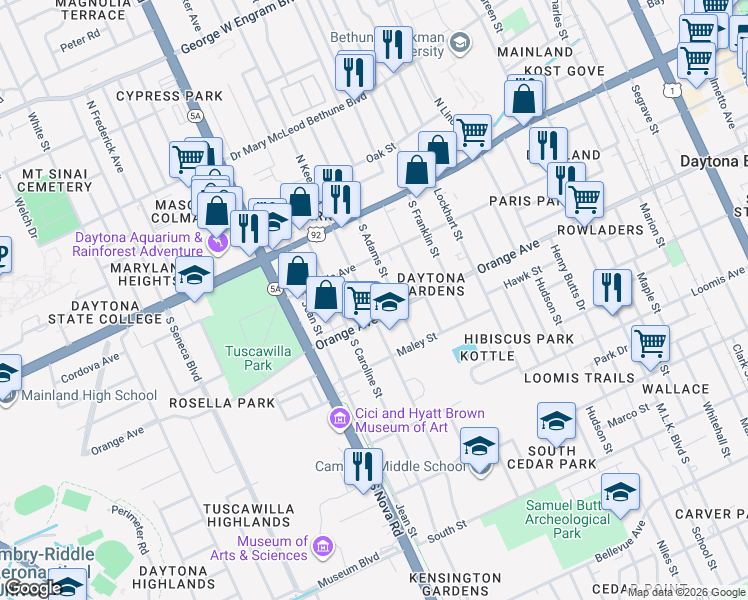map of restaurants, bars, coffee shops, grocery stores, and more near 900 Orange Avenue in Daytona Beach