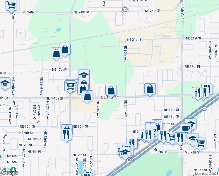 map of restaurants, bars, coffee shops, grocery stores, and more near 2921 Northeast 14th Street in Ocala
