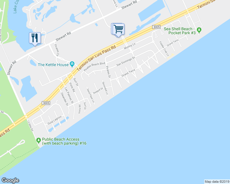 map of restaurants, bars, coffee shops, grocery stores, and more near 4234 Pirates Alley in Galveston