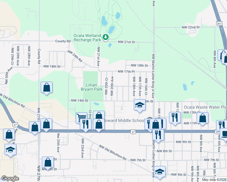 map of restaurants, bars, coffee shops, grocery stores, and more near 1501 NW 20th Ave in Ocala