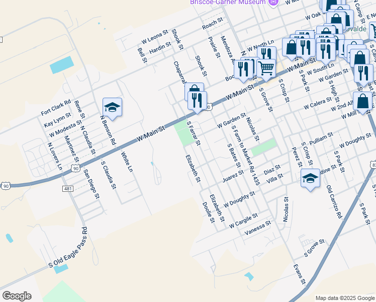map of restaurants, bars, coffee shops, grocery stores, and more near 210 Elizabeth Street in Uvalde