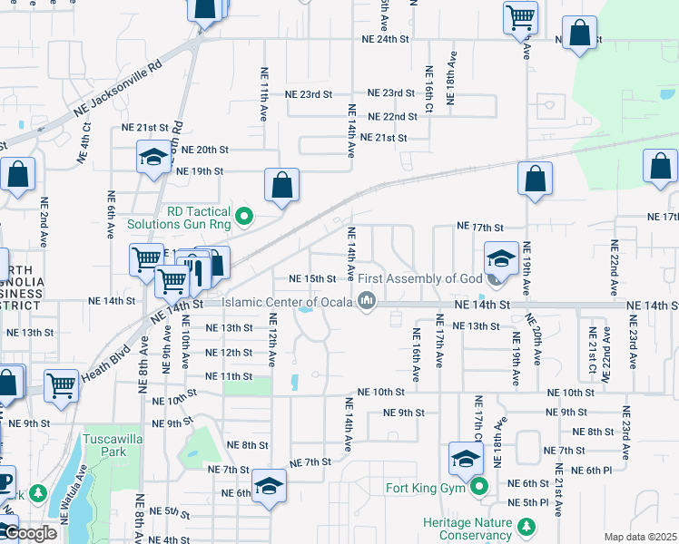 map of restaurants, bars, coffee shops, grocery stores, and more near 1347 Northeast 15th Street in Ocala