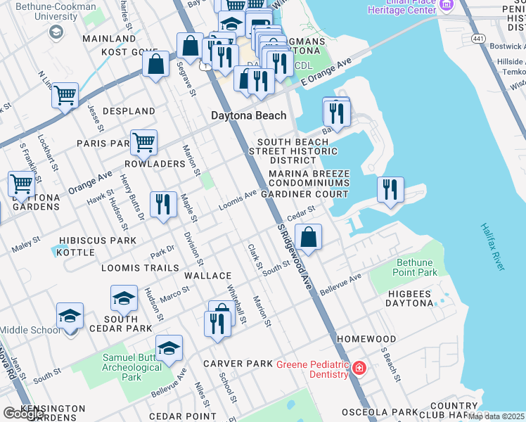 map of restaurants, bars, coffee shops, grocery stores, and more near 525 South Segrave Street in Daytona Beach