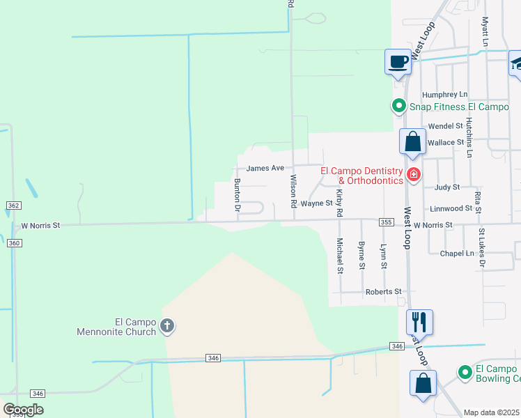 map of restaurants, bars, coffee shops, grocery stores, and more near 21 Serena Drive in El Campo