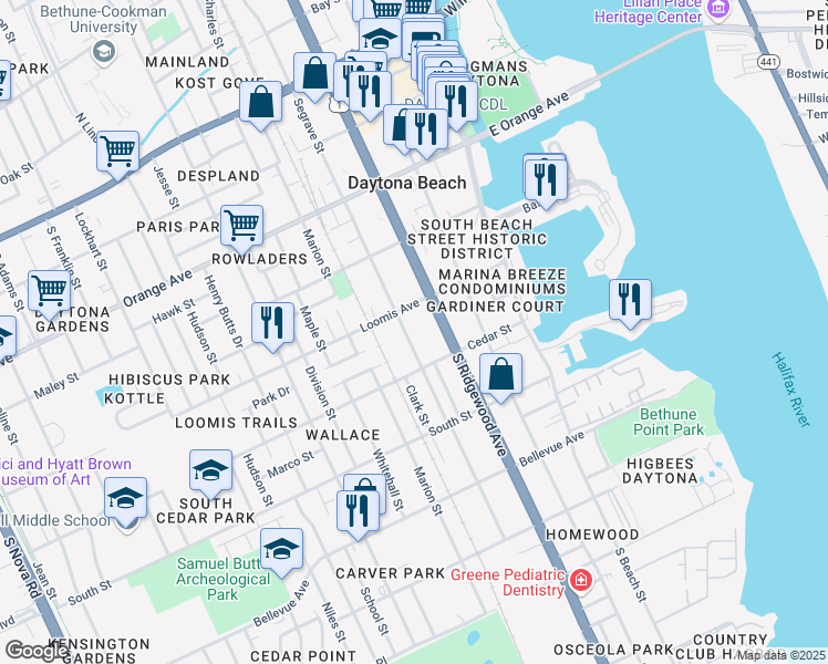 map of restaurants, bars, coffee shops, grocery stores, and more near 525 South Segrave Street in Daytona Beach