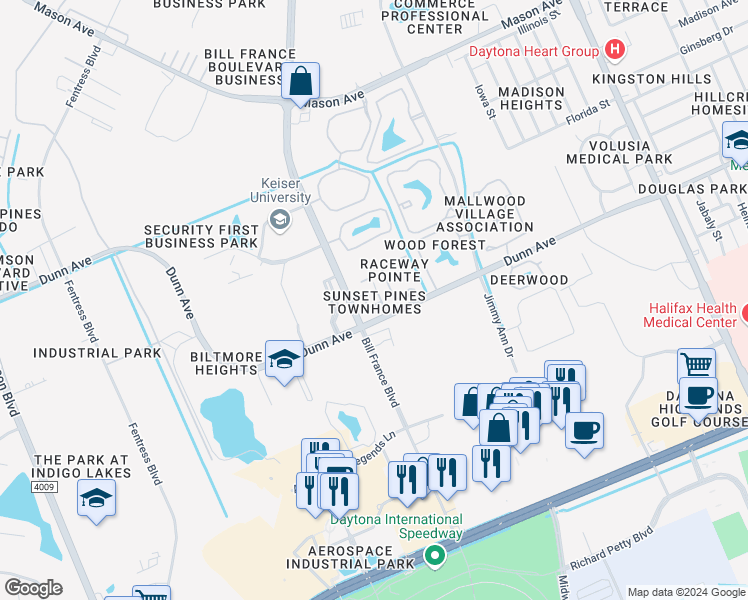 map of restaurants, bars, coffee shops, grocery stores, and more near 112 Dovecote Lane in Daytona Beach