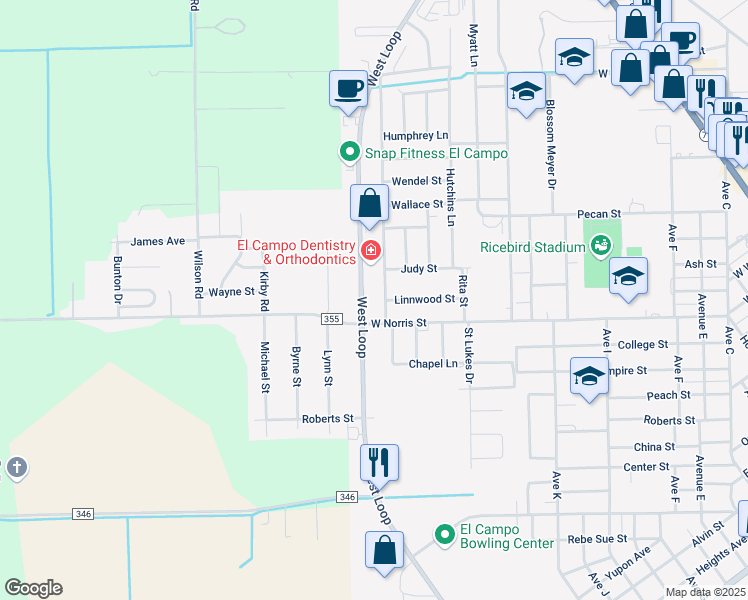 map of restaurants, bars, coffee shops, grocery stores, and more near 1900 West Loop in El Campo