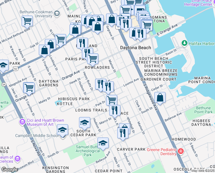 map of restaurants, bars, coffee shops, grocery stores, and more near 429 Division St in Daytona Beach