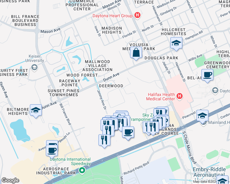 map of restaurants, bars, coffee shops, grocery stores, and more near 1704 Huntington Village Circle in Daytona Beach