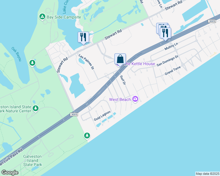 map of restaurants, bars, coffee shops, grocery stores, and more near 4025 Oleander Dr in Galveston