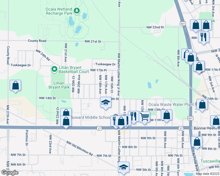map of restaurants, bars, coffee shops, grocery stores, and more near 1558 Northwest 16th Court in Ocala