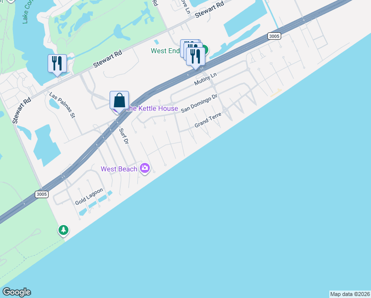 map of restaurants, bars, coffee shops, grocery stores, and more near 4234 Pirates Alley in Galveston