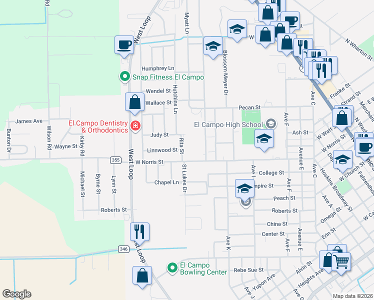 map of restaurants, bars, coffee shops, grocery stores, and more near 1201 Linnwood Street in El Campo